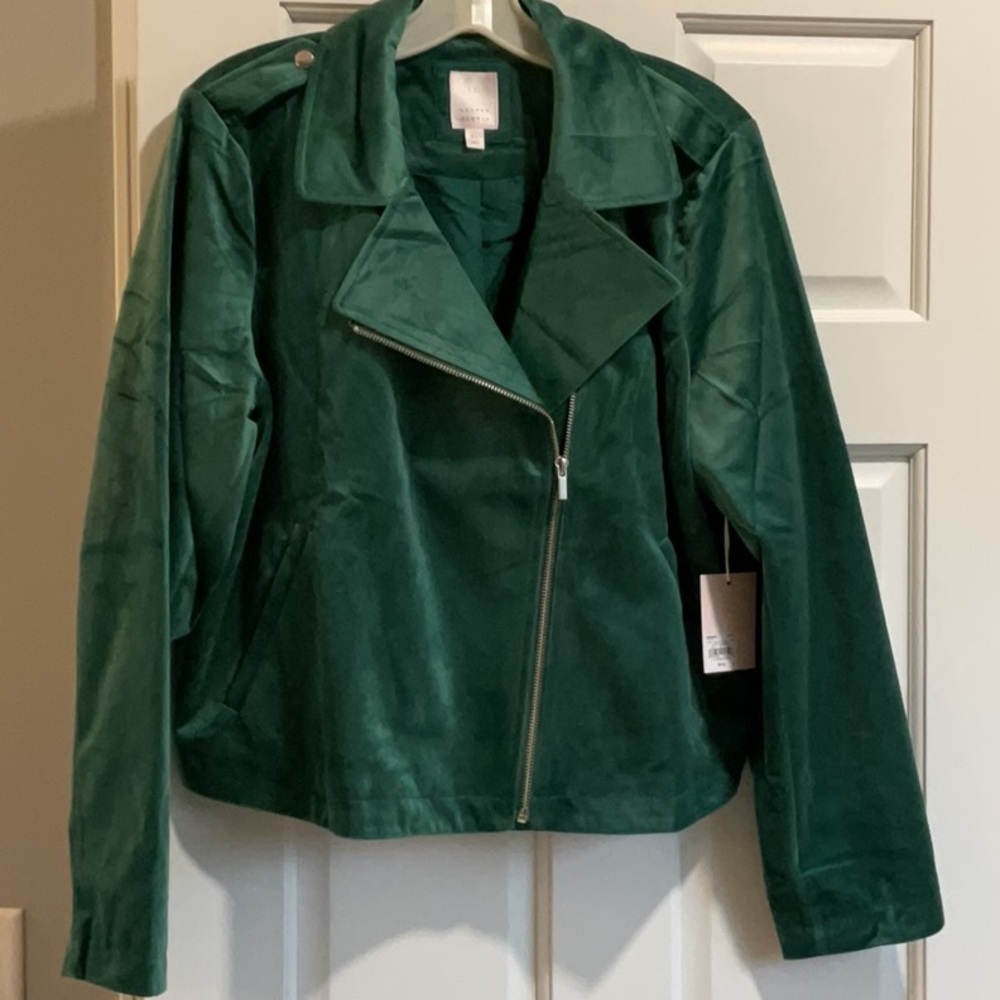 NWT Lauren Conrad faux velvet green moto jacket.